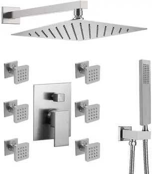 

Luxury High Pressure Shower Body Spray System with 12inch Rainfall Shower and Hand Held Combo Set Complete Kit for Bathroom