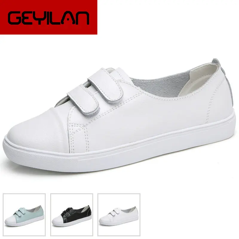

Woman Split Leather Shoes Woman Flat Loafers 2019 New Spring Round Toe Hook & Loop Leather Women Flat Shoes Casual