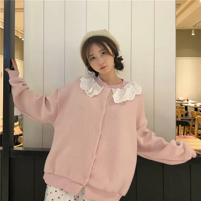 

Japanese Autumn Winter Sweater Cardigan Women Solid Button Patchwork Lace Neck Loose Knitted Sweater Fashion 2019 Jumper Female