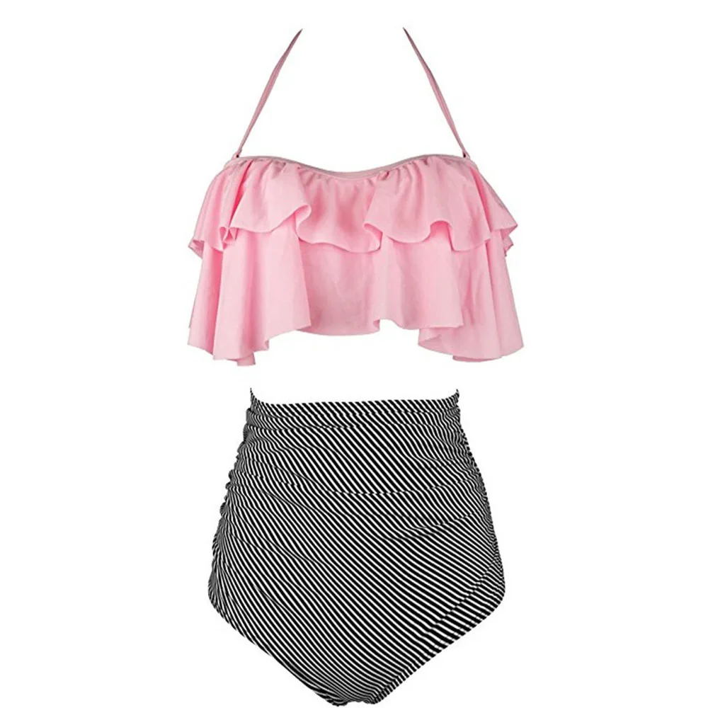 Комплект бикини, купальник с двойными оборками, женский сексуальный купальник с открытыми плечами, высокая талия, одежда для плавания, пляжные купальники размера плюс 3XL - Цвет: pink bath suit