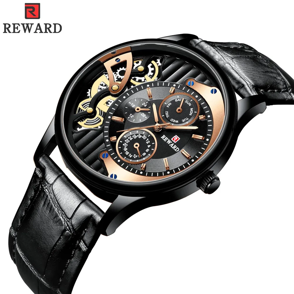 

REWARD New Fashion Sports Mens Watches Top Brand Luxury Waterproof Dial Leather Band Watch Men Quartz Clock Relogio Masculino