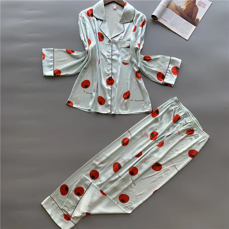 Новая зимняя модная Пижама с фруктовым принтом, Женская атласная сексуальная пижама с длинным рукавом - Цвет: White tomato