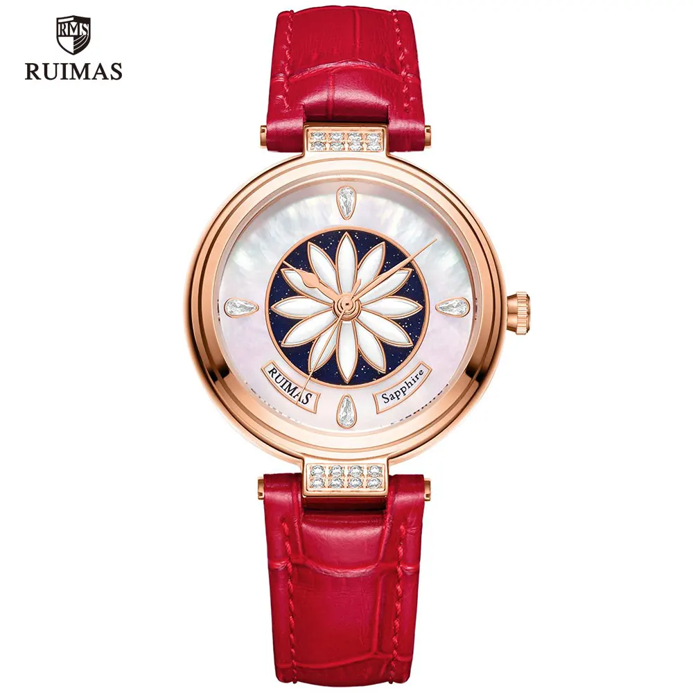 RL6776L-Red rose RUIMAS Роскошные автоматические часы для женщин Лидирующий бренд часы из натуральной кожи женские водонепроницаемые белые наручные часы Relogios Femininos 6776 - Цвет: RL6776L-Red rose