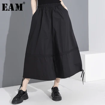 

[EAM] High Elastic Waist Drawstring Black Long Wide Leg Trousers New Loose Fit Pants Women Fashion Tide Spring Summer 2020 YC953