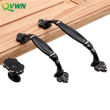 QVWN Zinc Alloy Kitchen Cabinet Handles And Knobs Concise Black Door Handle Wardrobe Kitchen Cabinet Drawer Door Knobs