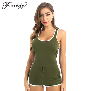 

Women Cotton Solid Color Sleeveless Racerback Jumpsuit Sportswear Dancewear Ballet Gymnastics Leotard Workout Bodysuit Playsuit