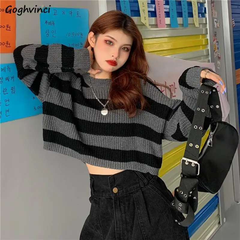 Women Knitting Pullovers O neck Striped Full Sleeves Patchwork Short Sweaters Warm Ladies Autumn Winter Fashion Retro Streetwear
