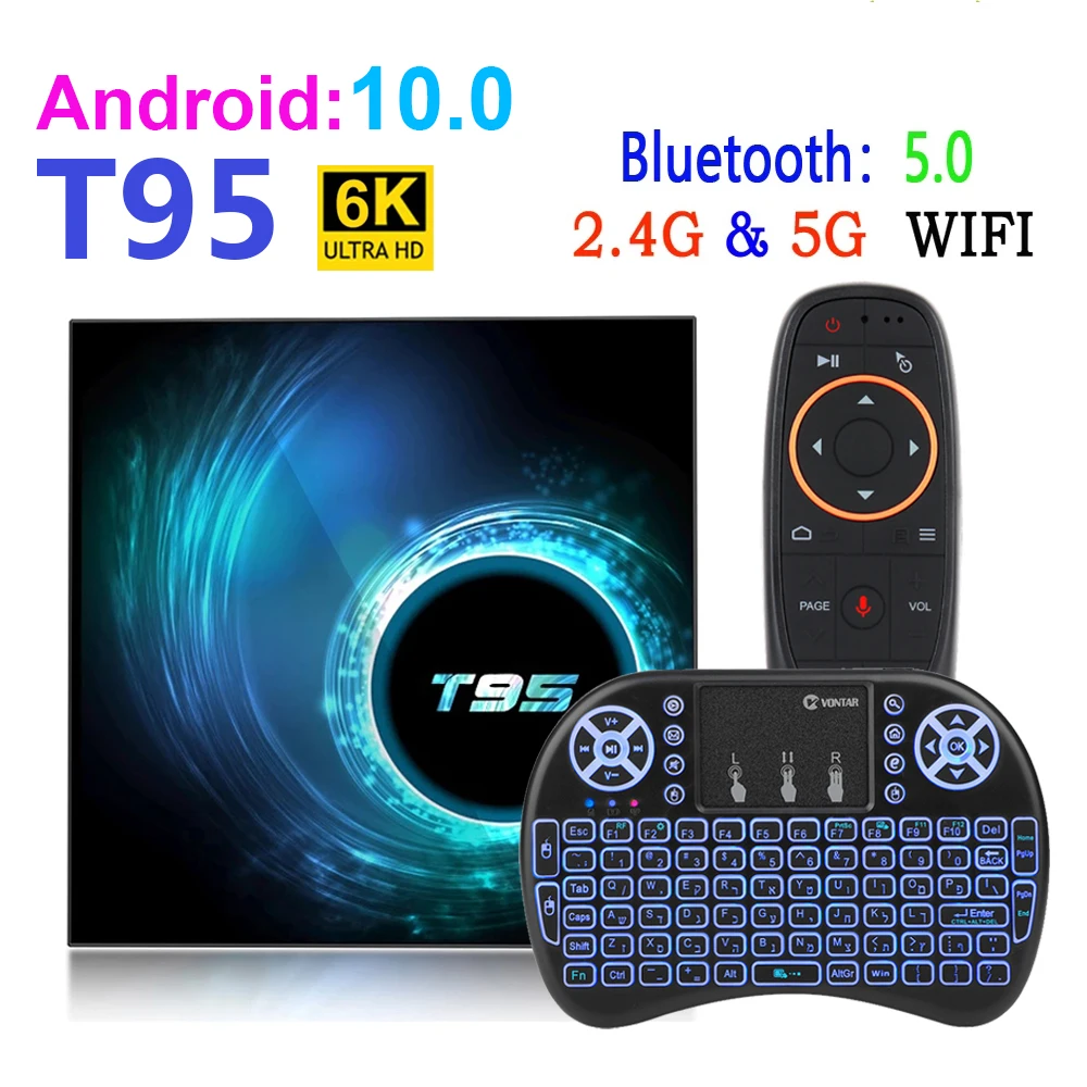 Приставка Смарт-ТВ T95 Android 10 Youtube HD 6K 2 4G и 5G Wi-Fi 4 Гб 32 ГБ 64 голосовой помощник Google