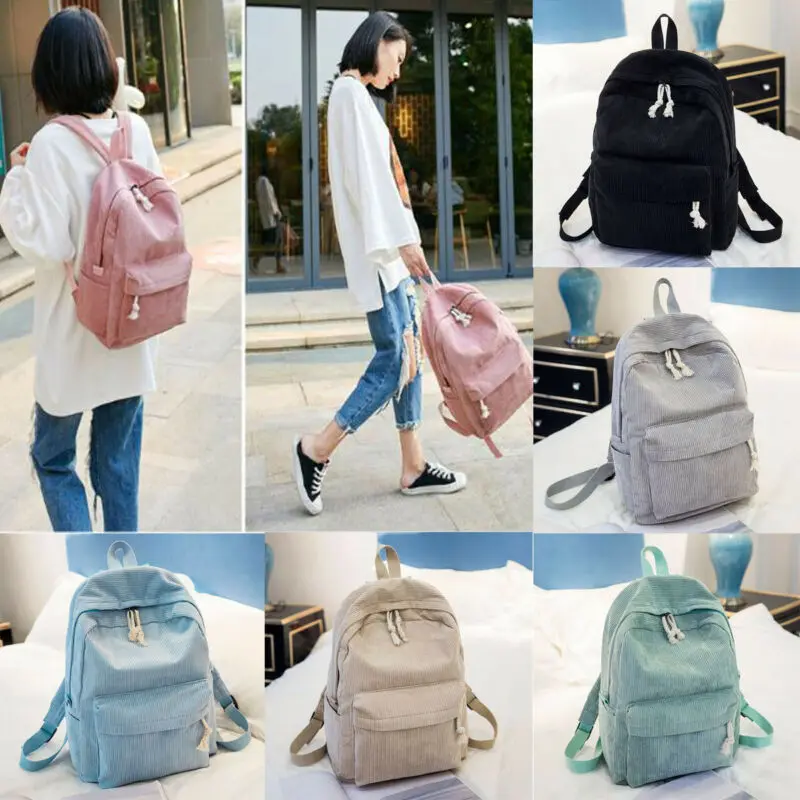 Mochila de pana estilo Simple para mujer, cremallera doble, informal, de viaje, rosa, azul, gris y verde