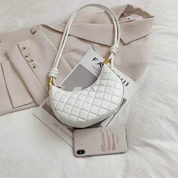 

Fashion PU Leather Hobos Bags for Women Solid Color Lattice Pattern Crescent Shoulder Bags Simple Messenger Totes Handbags