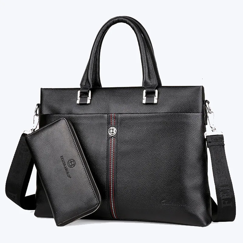 Мужские сумки из натуральной кожи для компьютера, мужская сумка, набор мужских сумок из натуральной воловьей кожи, портфель, сумка через плечо, сумки через плечо для Macbook - Цвет: Black With wallet