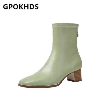 

GPOKHDS 2021 women Ankle boots Cow leather Winter short plush Square Toe Zipper Med heels female boots size 39