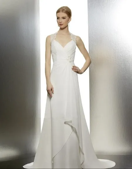 

Soft schiffli lace cap sleeves etheral keyhole back chiffon A-line pleated bodice accentuated beaded appliques wedding dresses