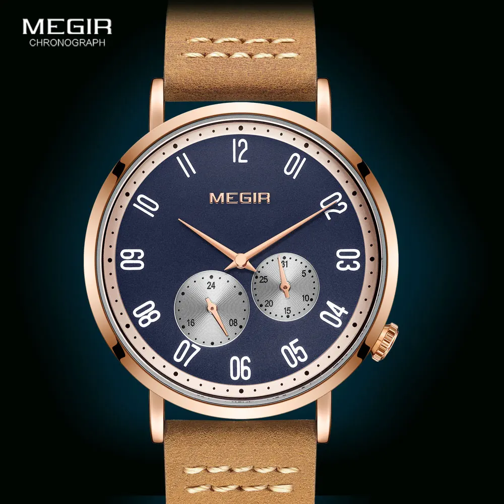MEGIR Men's Watches Brown Leather Strap 