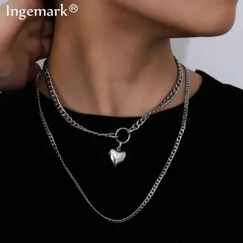 

Punk Miami Cuban Choker Necklace Thick Chunky Silver Color Open Heart Pendant Stainless Steel Chain Necklaces Men Women Jewelry