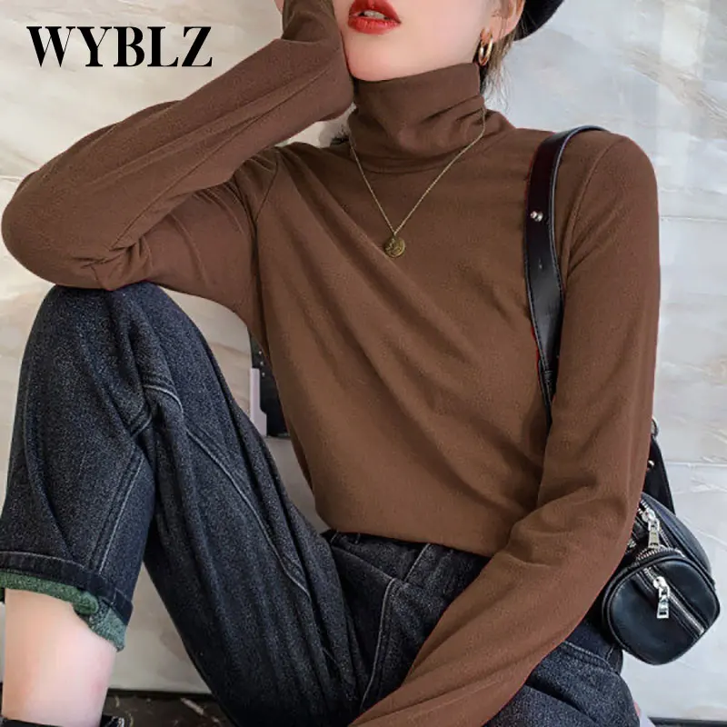 

Женская футболка с длинным рукавом WYBLZ, однотонный тонкий бархатный тонкий пуловер 2021, Модный корейский Повседневный женский топ с коротким воротником