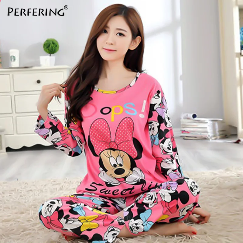 STYLE 3 Perfering розовый пижамный комплект для женщин осень Новая Домашняя одежда Хлопок мультфильм рубашка+ длинные брюки 2 шт. милые пижамы для женщин - Цвет: STYLE 3
