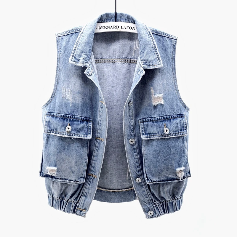 

Fashion Big Pocket Holes Short Women Denim Vests Sleeveless Jacket Coat Summer Elastic Waist Jeans Vest Vintage Waistcoat Female