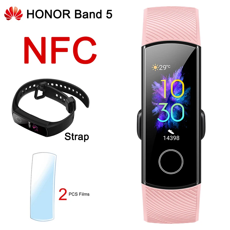 Смарт-браслет huawei Honor Band 5 NFC, измеритель пульса, кислорода в крови, спортивный смарт-браслет huawei Honor Band 5, умный Браслет - Цвет: Pink NFC Black