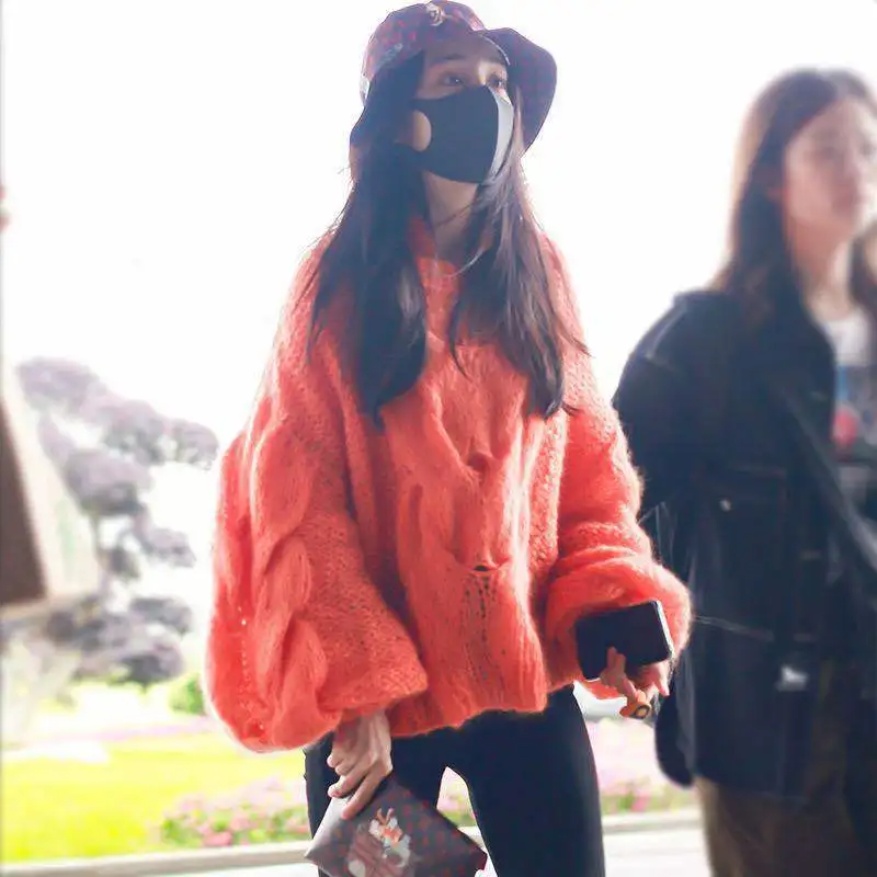 Осень и зима фонарь рукав вязаный женский мохер Мода loosesweater