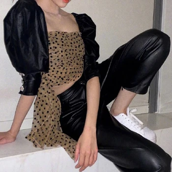 

HIGH STREET New Stylish 2020 Runway Suit Set Women's Square Collar puff sleeve Polka Dot Gauze short Blouse pants Set