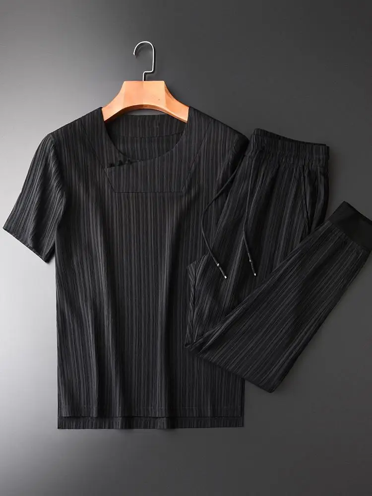 Летние мужские комплекты(T-SHIRTS+ брюки), роскошные мужские комплекты в китайском стиле на пуговицах с коротким рукавом размера плюс 4xl, мужские комплекты в полоску - Цвет: TZ18149