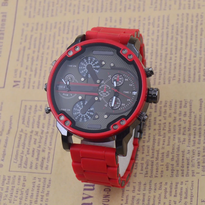 Мужские кварцевые часы движения красный силиконовый ремешок Автоматическая Дата Военные движения наручные часы для мужчин Dual Time Zone модный бренд