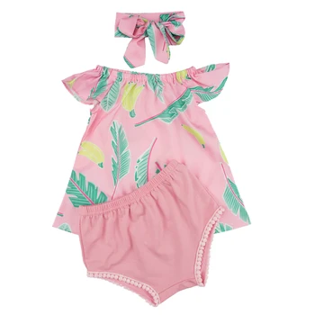 

3PCS Newborn Infant Baby Girls Clothing Set Pink Off Shoulder Tops +Tassel Shorts+Headband Outfits