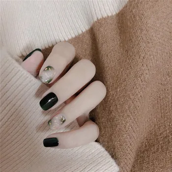 

24pcs/box Dark Green Dye press on Nail tips Patch Wear Finished Showing Hands White Short Square Head artificial nails with glue