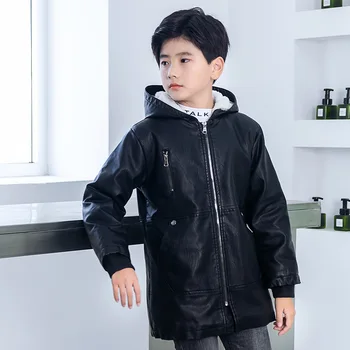 

Winter Children Motorcycle Faux Leather Jacket Boys Leather Mid-length PU Leather Jacket Kids Hooded Plus Velvet Warm Coats