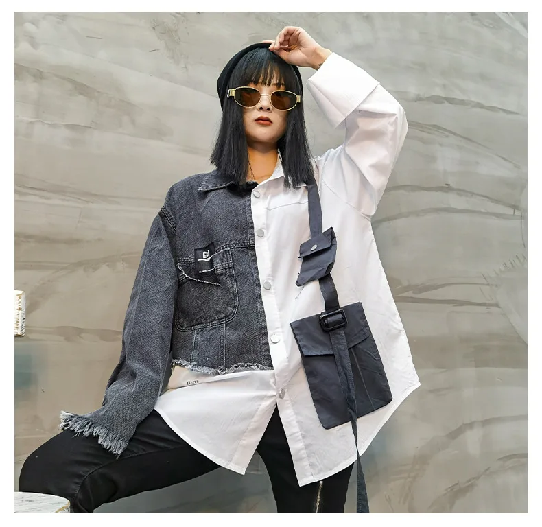 Vefadisa Plus Size Denim Patchwork Women Blouse