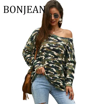 

BONJEAN 2019 Autumn Tops and Pullovers Camouflage Sweaters for Women Batwing Sleeve Green Sweaters Casual Knitted Sweater BJ1662