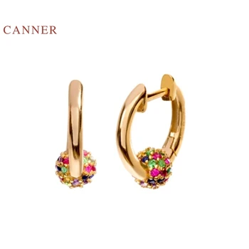 

CANNER Colored round diamonds Stud Earrings 100% 925 Sterling Silver Zircon Earrings For Women Jewelry Aretes De Mujer