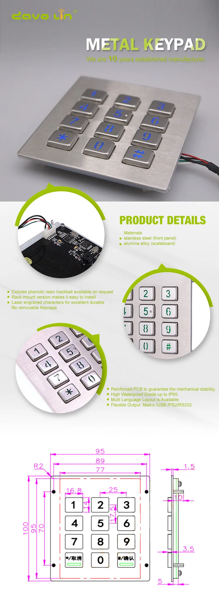 teclado de metal de aço inoxidável industrial à prova drugged água