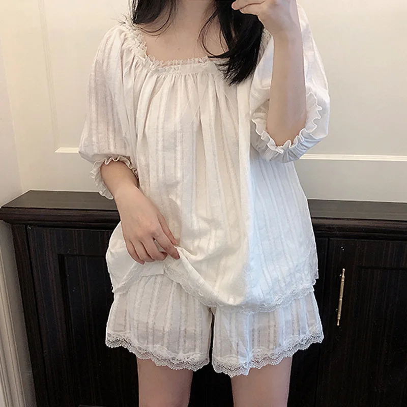 

Summer Sweet Princess Square Collar Short Sleeve Women's Pajamas Two Piece Set of Lovely Palace Style Leisure Home Clothes