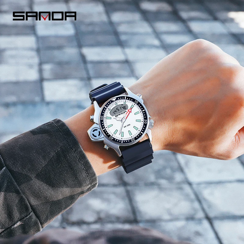 SANDA Fashion Sport Men LED Digital Watches Dual Display Quartz Wristwatch Outdoor Waterproof Military Wristwatches Mens Clock