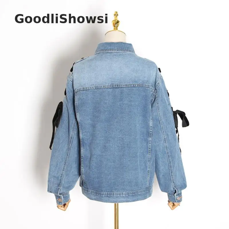 GoodliShowsi, западный стиль, модные джинсовые куртки, бант, дизайн, отложной воротник, рукав-фонарик, карманы, шикарное свободное короткое пальто, Топ