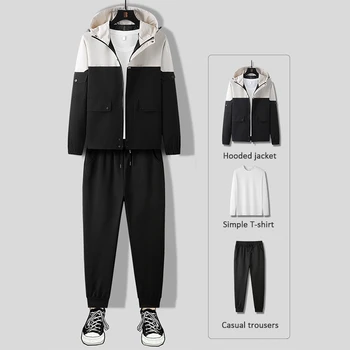 

Men's Contrast Color Hooded Jacket+Pant+Long Sleeved T-shirt 3PC Set Men Workwear Coat & Pants Casual Sportswear Sets Male