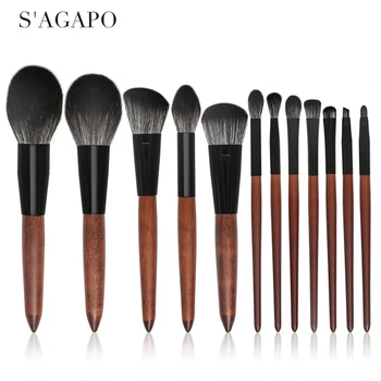 

S'AGAPO 12pcs Professional Makeup Brushes Set Sandal wood handle Powder Blush Foundation Eyeshadow makeup brush beauty tools