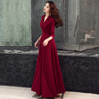 

Burgundy Solid Womens Wedding Party Dress V-Neck Evening Cheongsam Floor-Length Elegant Qipao Long Gowns Retro Vestido XS-XXXL