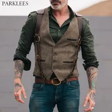 Wool Tweed Men Suit Vests Victorian Steampunk Cosplay Mens Waistcoat with Suede Gentleman Groomman Wedding Slim Fit Men Gilet