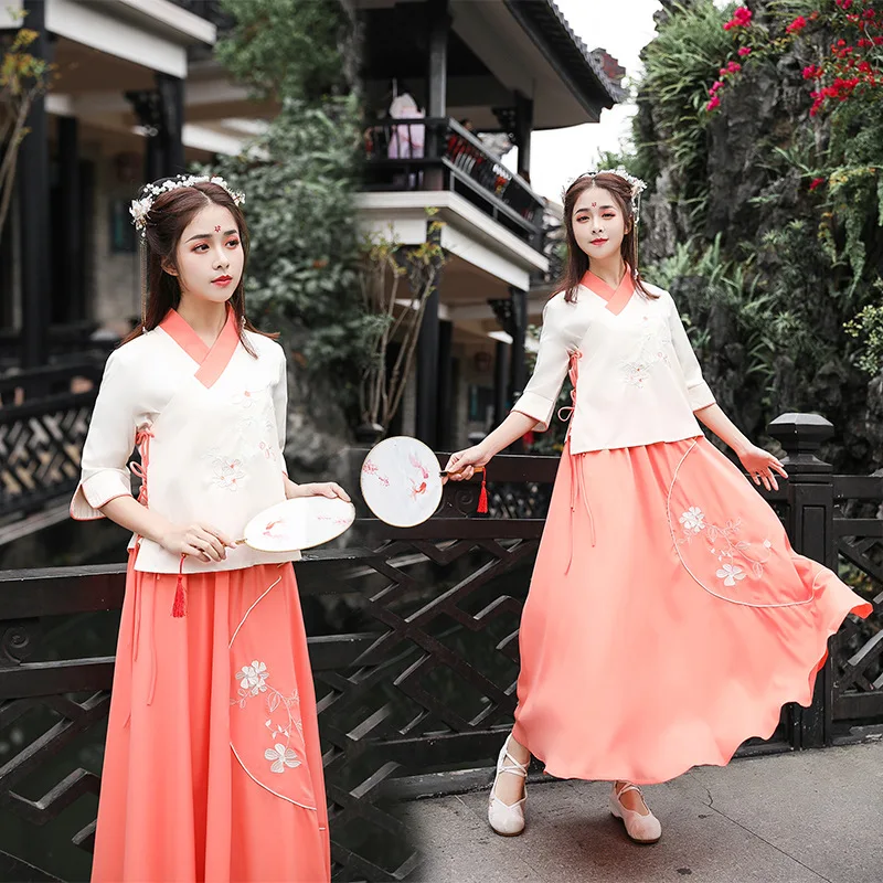 

Origional New Style WOMEN'S Dress Machine Embroidery V-neck Three-quarter-length Sleeve Tops + Skirt Chinese Clothing Set