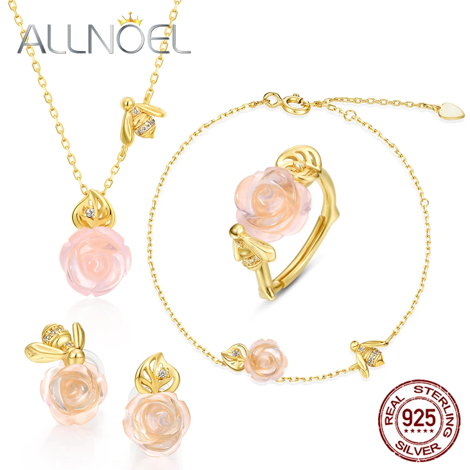 

ALLNOEL 925 Sterling Silver Jewelry Set For Women Natural Rose Quartz White Zircon Gemstone Diamond Ring Earring Jewelry Set New