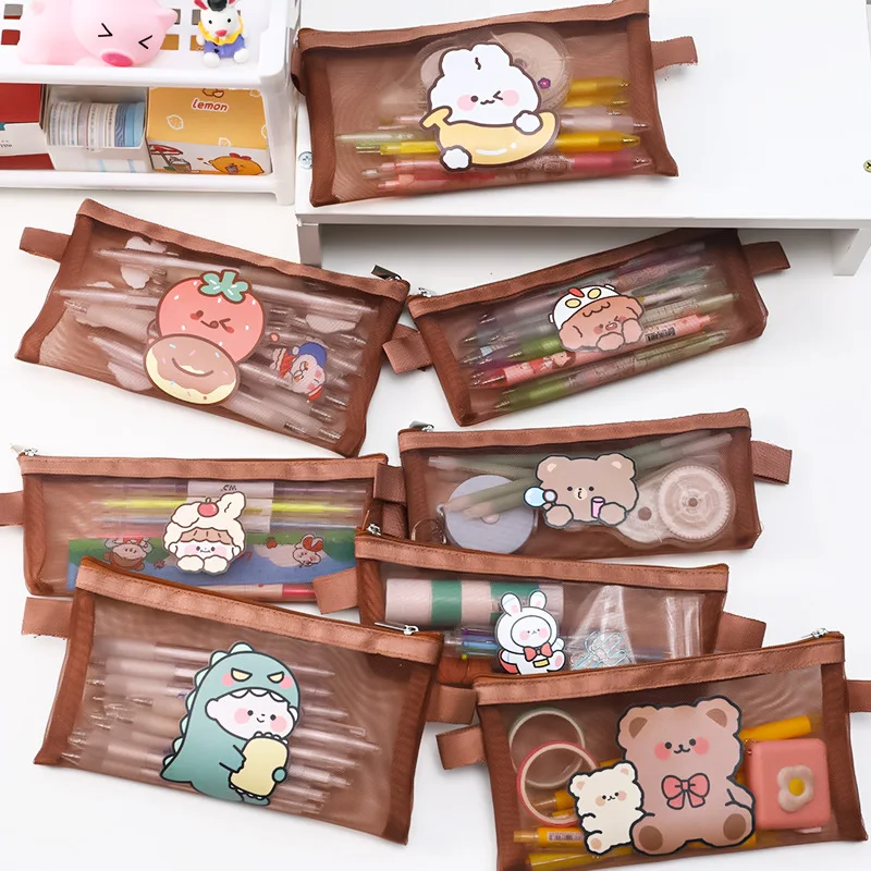Cartoon Transparent Mesh School Pencil Cases For Girls Cute Bear Pencil