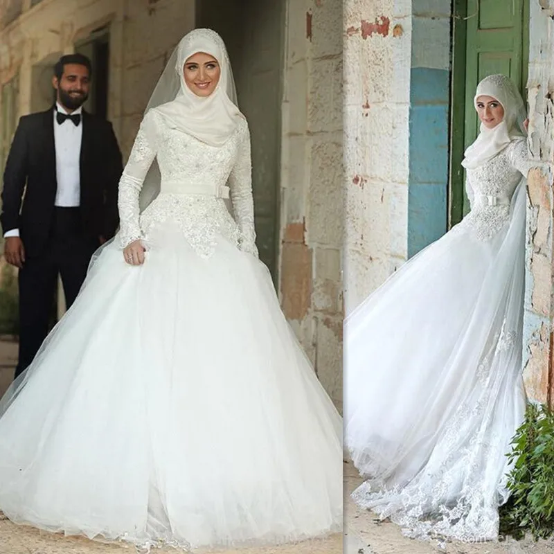 Белое мусульманское свадебное платье цвета слоновой кости vestido de novia Свадебные платья с аппликацией на высоком вороте кружевное ТРАПЕЦИЕВИДНОЕ платье невесты