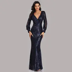 Вечерние платья Длинные пайетки элегантное женское платье De Soiree 2019 сексуальное с v-образным вырезом Деловое платье три четверти рукав