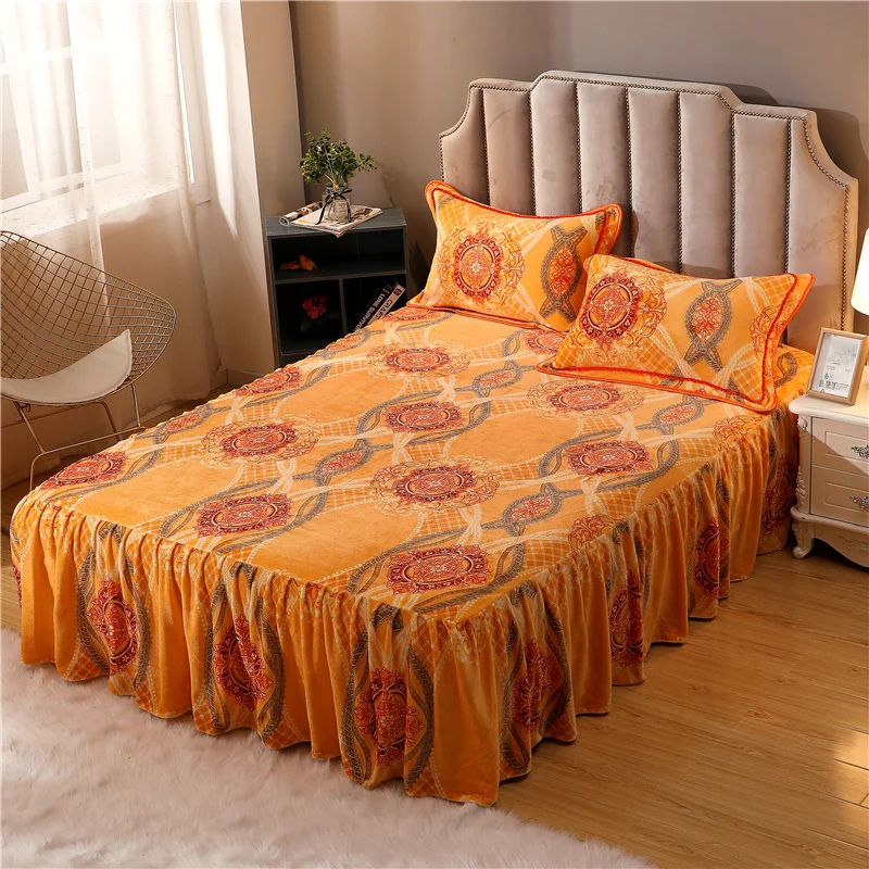 Flannel Fleece Ultra Soft Warm Bed Skirt with Elastic for Kids Adults Vintage style Leaves Flowers printed Bed sheet Pillowcases