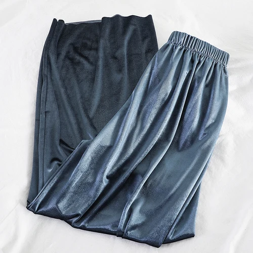 blue Neploe Velour Wide Leg Pants Female High Waist Stretch Loose Warm Long Pant Autumn Winter Women Casual Solid Trousers 54358 - Цвет: blue