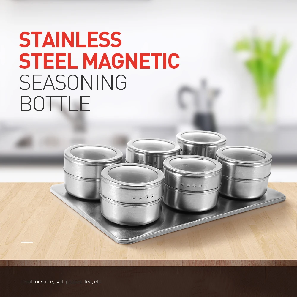 Useful 6pcs Stainless Steel Magnetic Seasoning Pot Cruet Condiments Spice Rack Pots Set For Pepper Shakers Kitchen Tools | Дом и сад