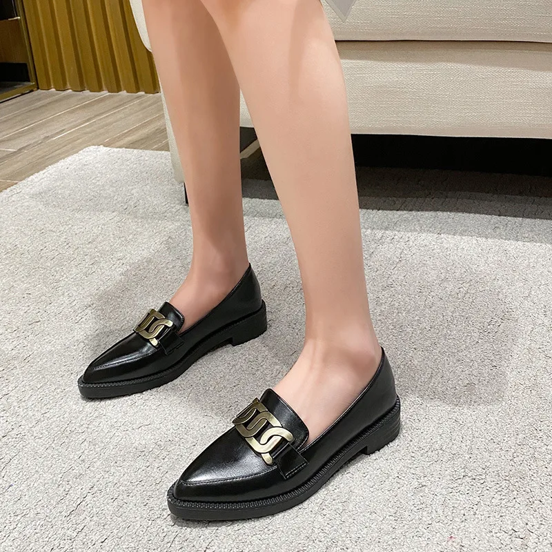 Leather Shoes Women British Metal chain small Oxfords Sneakers Derbies Shallow Pointed Toe Thick Heels Loafers Ladies Flats women oxford shoes leather mary jane shoes
